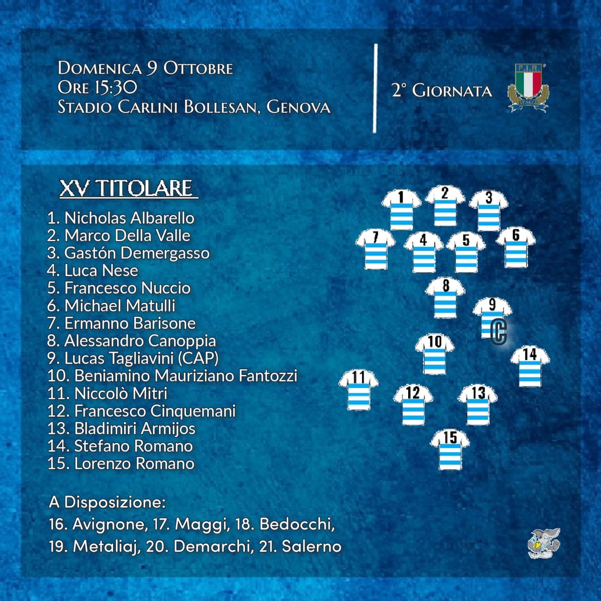 Pro Recco Rugby (@proreccorugby) on Twitter photo Seconda di campionato ed esordio "casalingo" per i nostri Squali della Prima Squadra, impegnati allo stadio Carlini-Bollesan di Genova vs <a href="/rugbynoceto/">Rugby Noceto</a>!
🗓 Domenica 9 ottobre
⌚️ Ore 15.30
⚪️🔵
#essereilrecco #proreccorugby Seconda di campionato ed esordio "casalingo" per i nostri Squali della Prima Squadra, impegnati allo stadio Carlini-Bollesan di Genova vs <a href="/rugbynoceto/">Rugby Noceto</a>!
🗓 Domenica 9 ottobre
⌚️ Ore 15.30
⚪️🔵
#essereilrecco #proreccorugby