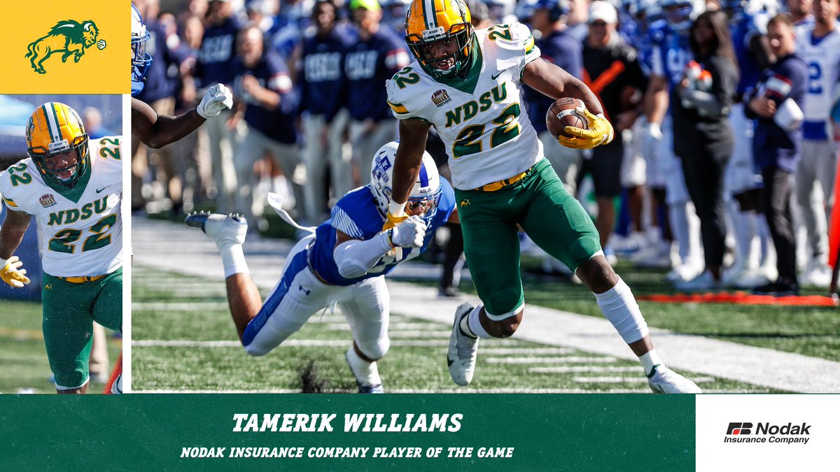 With a career-high 145 rushing yards and three touchdowns, TaMerik Williams was the Nodak Insurance Company Player of the Game in NDSU's 31-26 win over Indiana State.