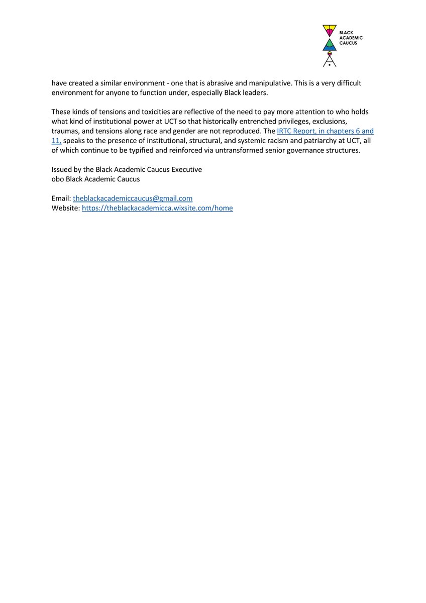 Black Academic Caucus (@bac_uct) on Twitter photo BAC Statement on Ongoing Governance Issues at UCT: Senate, Council and the Executive. BAC is committed to transformation in Higher Education in South Africa and specifically in UCT. <a href="/UCT_SRC/">UCT SRC</a> <a href="/UCT_news/">UCT</a> <a href="/UCT_PMF/">#PatriarchyMustFall</a> <a href="/UCT_IRTC/">UCT IRTC</a> <a href="/SundayTimesZA/">Sunday Times</a> <a href="/CapeTimesSA/">Cape Times</a> BAC Statement on Ongoing Governance Issues at UCT: Senate, Council and the Executive. BAC is committed to transformation in Higher Education in South Africa and specifically in UCT. <a href="/UCT_SRC/">UCT SRC</a> <a href="/UCT_news/">UCT</a> <a href="/UCT_PMF/">#PatriarchyMustFall</a> <a href="/UCT_IRTC/">UCT IRTC</a> <a href="/SundayTimesZA/">Sunday Times</a> <a href="/CapeTimesSA/">Cape Times</a>
