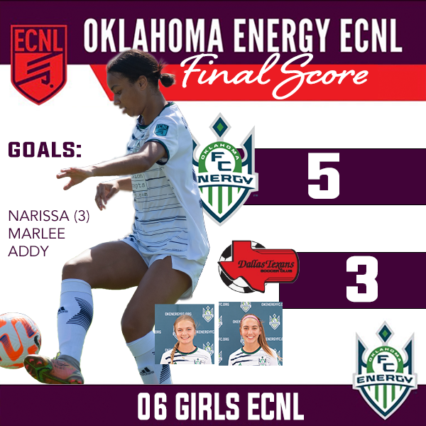 ⚽️💚Home victory in the books vs <a href="/TexansECNL06/">Dallas Texans U18/19G ECNL</a>! Marlee, Addy and Narissa (3) give us a 5-3 advantage. Let's get ready for another great day of soccer! DKSC coming up tomorrow. <a href="/ECNLgirls/">ECNL Girls</a> <a href="/ImYouthSoccer/">ECNL/GA/Recruiting/College Soccer</a>
<a href="/PrepSoccer/">Prep Soccer ⚽️</a> <a href="/TopDrawerSoccer/">TopDrawerSoccer</a> <a href="/TheSoccerWire/">SoccerWire</a> <a href="/OEFCGirlsECNL/">Oklahoma Energy FC Girls ECNL</a> <a href="/Oklahoma_FC/">Oklahoma Energy FC</a>💚⚽️
