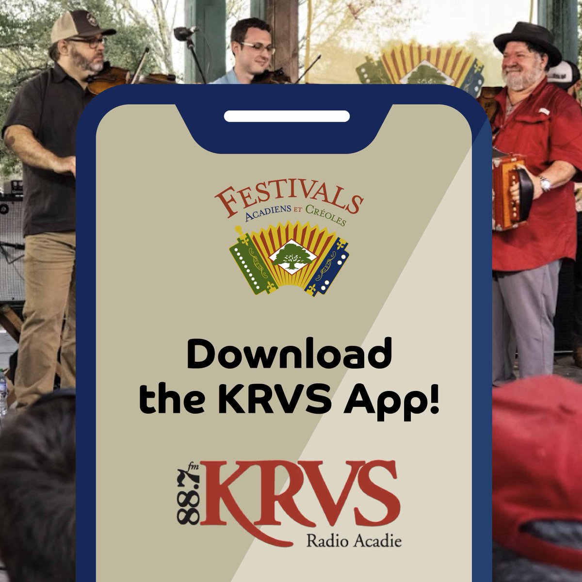 Don't miss a minute of Festivals Acadiens et Créoles! KRVS will be broadcasting Festivals live on 88.7 FM and streaming it from their new KRVS app. Visit bit.ly/3LUvzYp  to download! #FAetC2022 #OnlyInLouisiana #LouisianaFeedYourSoul
