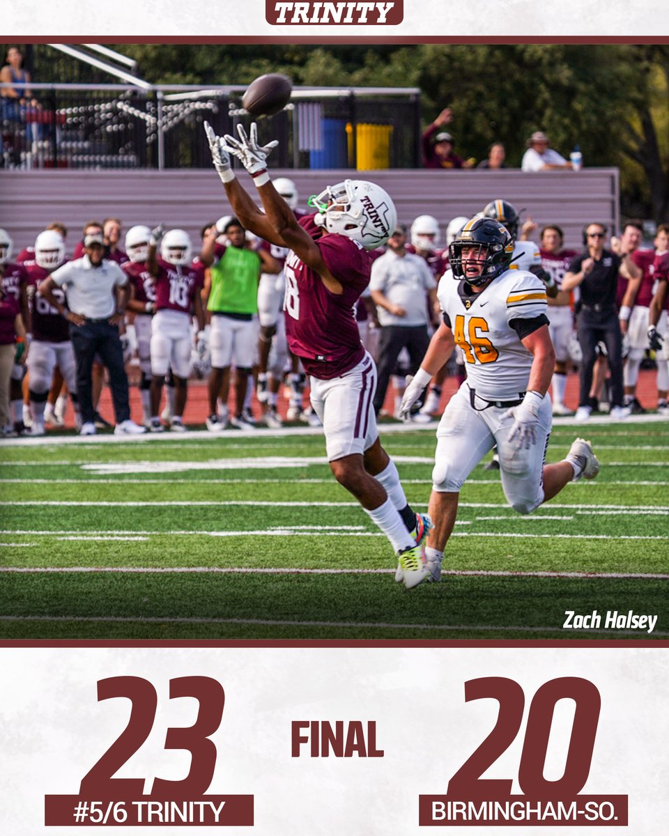 Never in doubt... #TigerPride #BeTheStandard 

A 43-yard BOMB from Tucker Horn to Carter Self put No. 5/6 <a href="/TUFootballTX/">Trinity University Football</a> on top with 13 seconds left!

Horn: 23-32, 322 yards, 3 TDs
Merrifield: 7 rec., 85 yards, TD
Harmel: 11 tackles, 4 solo, 0.5 TFL