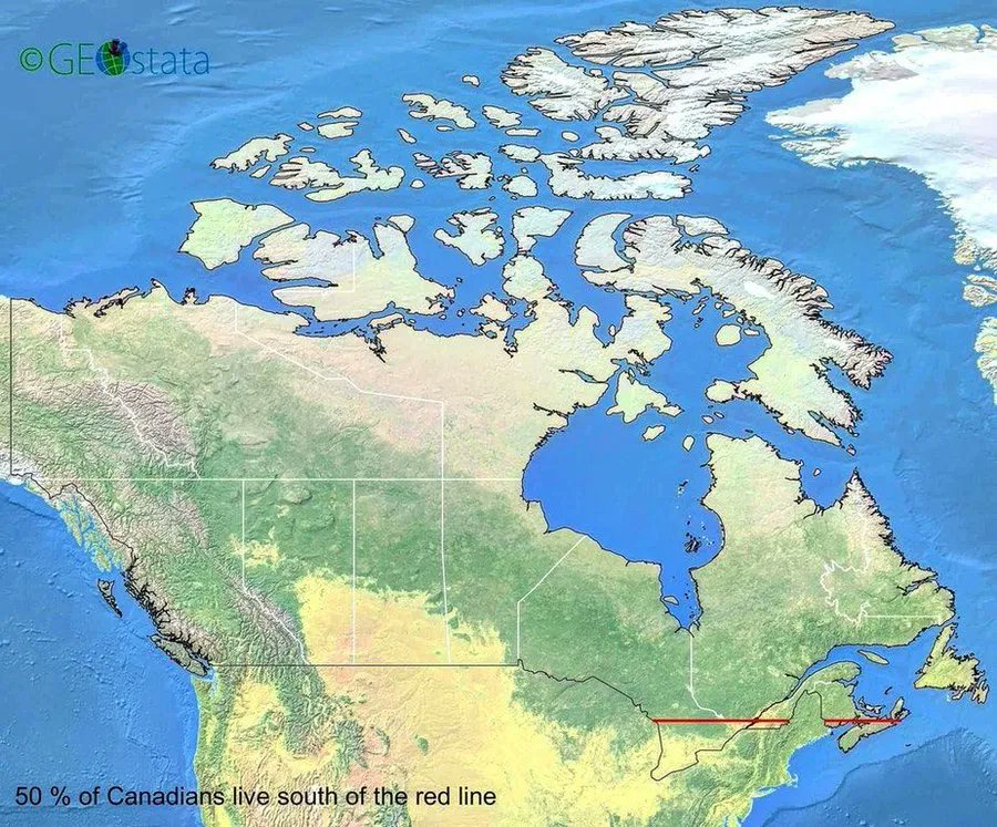 This #map is a bit of a classic: Half of #Canada lives south of the red line. buff.ly/3dXM7T0