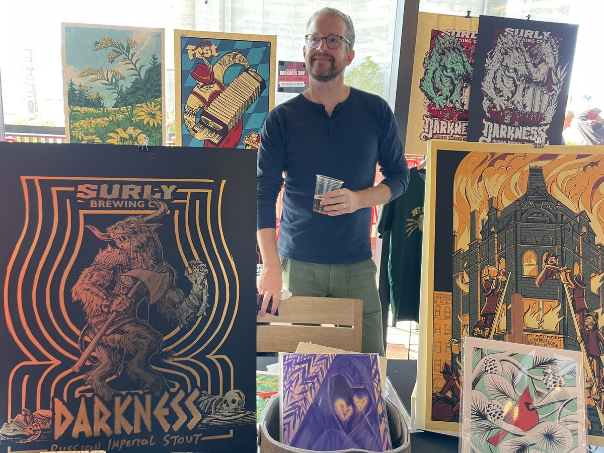 sillejo's tweet photo. Here’s @iverillo workin @surlybrewing #darknessday Great event. Open till 11pm with bands and all the recent artists. https://t.co/Y6KbUvcmwo