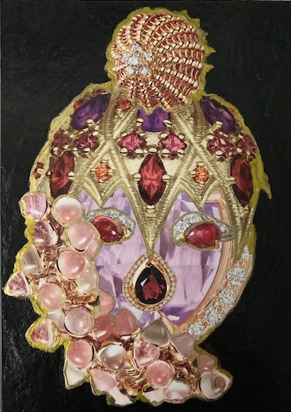 "Bling Gods and Goddesses" features collages by NYTW's #MaryAliceKellogg. "These glittering 'dieties' are...inspired by my travels to 137 countries," she says. "Each is made from recycled materials." On view at #JeffersonMarketLibrary (10th St. &amp; 6th Ave.) Oct 11-24.