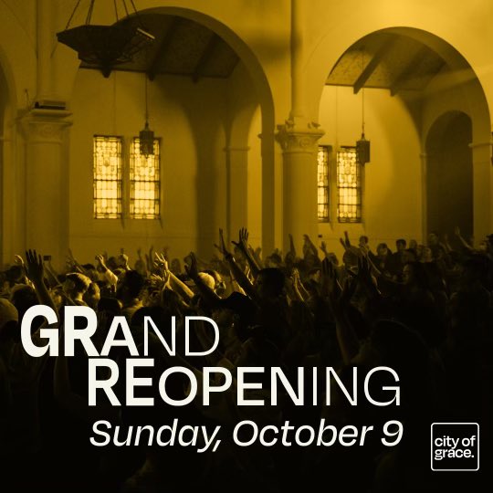 terrycrist's tweet photo. Tomorrow, City of Grace is launching in the future with a new mission, vision, values, youth ministry, and a ton of other things! Come early and stay after for food, a block party with activities for kids, and water baptisms. Bring your family and friends! https://t.co/4VQiiBPrL3