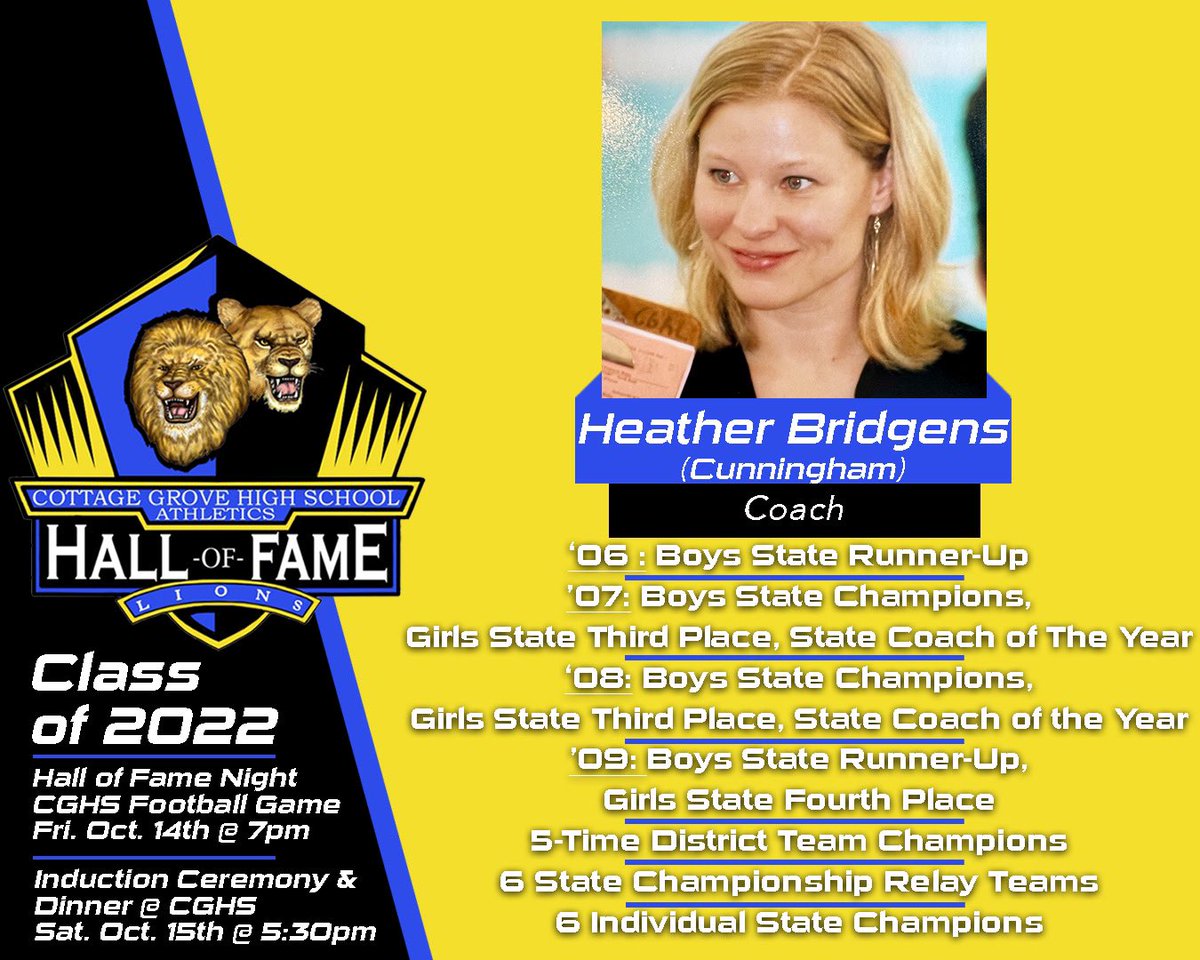 2022 <a href="/CottageGroveHS/">Cottage Grove HS</a> Athletics Hall of Fame: Join us on Sat., Oct. 15th at 5:30pm @ CGHS to honor Heather Bridgens &amp; the other 8 CGHS Athletic Hall of Fame inductees. RSVP by Mon.Oct. 10th. You can purchase dinner tickets here: bit.ly/3BwKEL7 or call 541-942-3391
