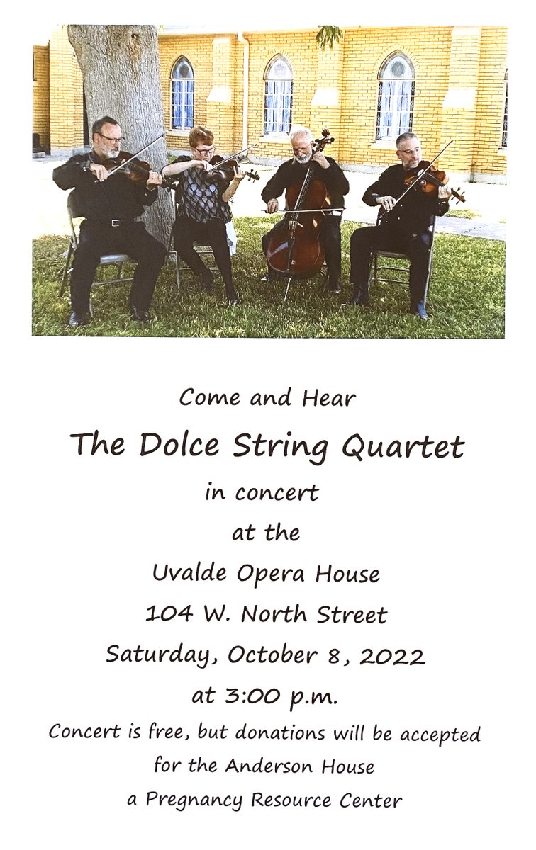 uvaldeopera's tweet photo. The Dolce String Quartet performs TODAY at 3PM! 

Donations encouraged for admission to benefit Anderson House Resource Center

#uvaldeopera #livemusic #stringquartet #concert #benefit #downtownuvalde #uvaldetx #historictheater #historicoperahouse #entertaininguvaldesince1891 https://t.co/5MUswuW37t
