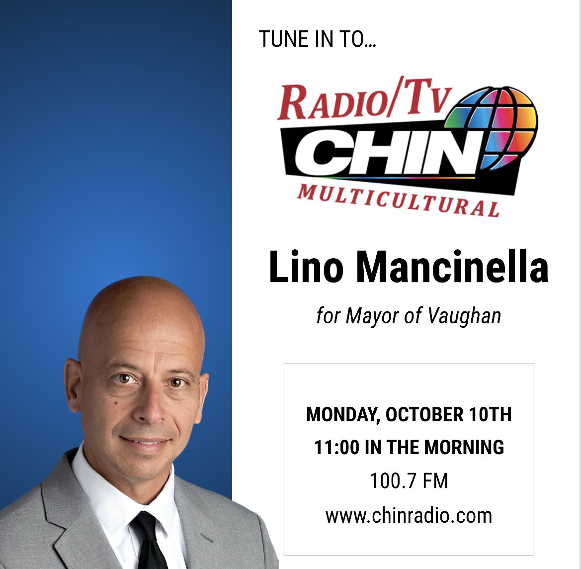 Thank you <a href="/chinradiocanada/">Chin Radio Canada</a> for the opportunity to speak on your platform. 

Tune in to CHIN Radio 100.7 FM or visit chinradio.com/toronto on Monday, October 10th at 11am to see what I had to say. 

#vaughanelections2022 #mayor #vaughan