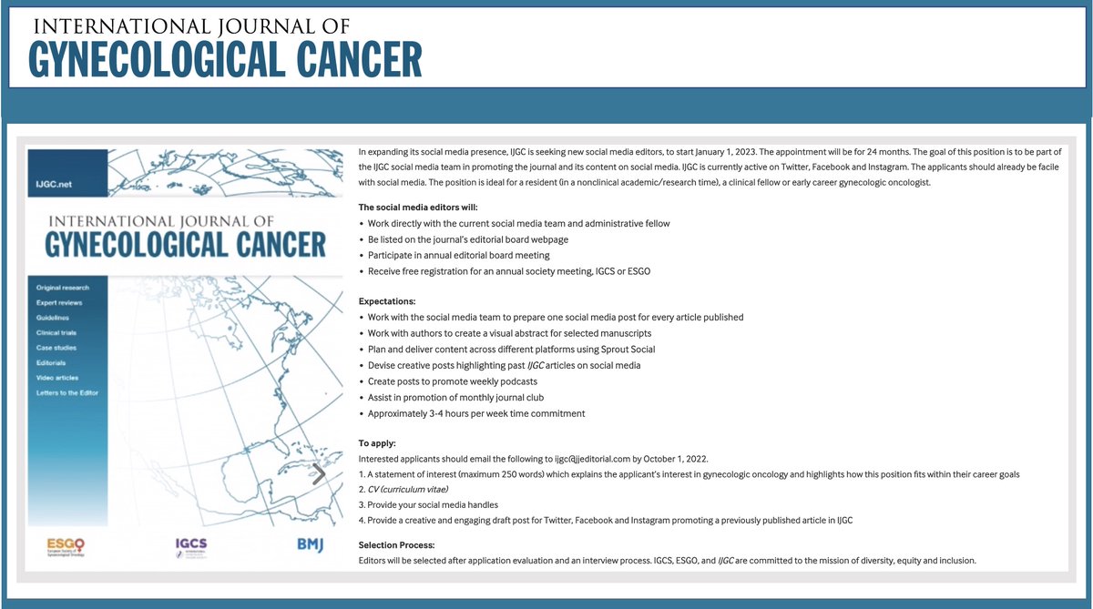 ✴️ Call for #SocialMedia Editor Applications ✴️ email ijgc@jjeditorial.com by October 30th Click to learn more👇 bit.ly/3Mh62sM @GynMe4 @OncoAlert @PARSGO_Official @IJGCfellows @BgcsFellows @pedroramirezMD @agz_eriksson @ESGO_society @IGCSociety @ENYGO_official @HsuMd