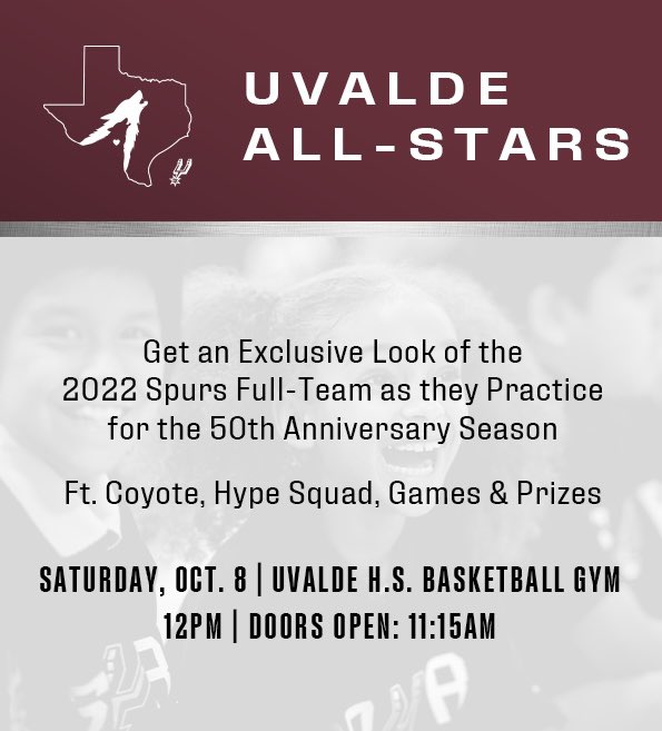 Uvalde_CISD's tweet photo. FORGET THE TICKETS!
Join us TODAY, Saturday, Oct. 8
Uvalde H.S. Kinchlow Gym 
Uvalde All-Stars Spurs Event 

12:15pm - 1:15pm

Get an exclusive look at the full San Antonio Spurs team as they practice to get ready for the 2022-23 season. https://t.co/TL2kVykfwv