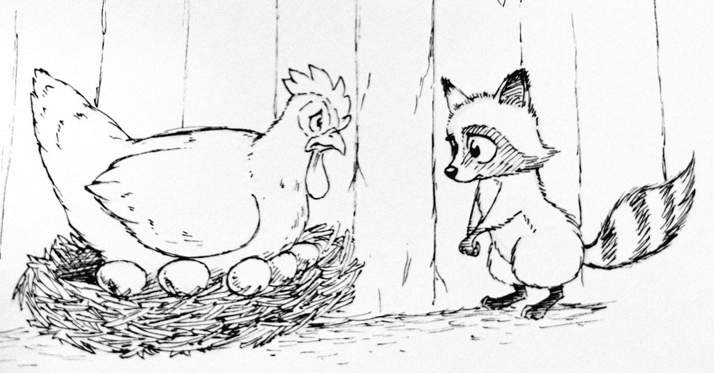 'I'm really hungry, could you please give me an egg?!!'
Inktober day 9. Nest.
#inktober2022 #Inktober #Inktober2018 #Inktoberday9 #nest #chicken #raccoon