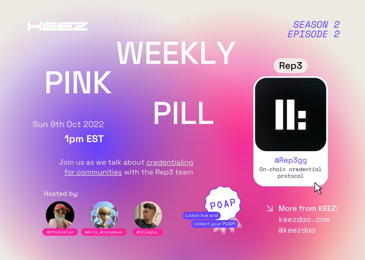 KEEZdao's tweet image. Don’t forget Season 2 Episode 2 of the Weekly Pink Pill will be live tomorrow @ 1pm EST with special guests from @rep3gg 👀👀👀 #KEEZ #rep3