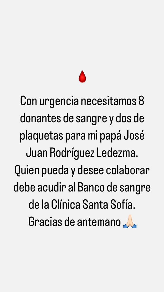 #8Oct #Caracas #ServicioPúblico
<a href="/nelsonbocaranda/">Nelson Bocaranda Sardi.</a>: Es el padre de nuestra compañera y colega en #UnionRadio Gladys Rodríguez sufrió una caída con fractura y necesitan:
- 8 donantes de sangre
- 2 de Plaquetas 

En la Clínica Santa Sofía.