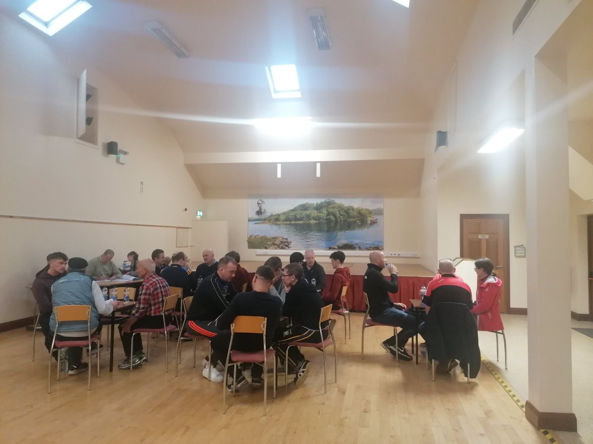 Scór Sinsir just started here in Ballintogher Hall. Teams Drumcliffe/Rossespoint, Easkey, Eastern Harps, Owenmore Gaels, St.Molaise Gaels, battling it out in Tráth na gCeist. Thanks to Seamus McCormack for preparing venue.