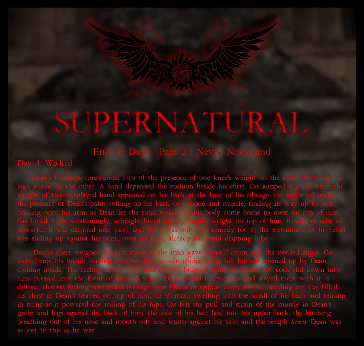 pandorakiin's tweet photo. #suptober22 Day 4: Wicked, Icky Ways
#SUPERNATURAL - End of Days | Part 1: Dripping Wings & Heavy Things
AO3: https://t.co/VLmoTethRD
PDF eBook: https://t.co/v321rTUbxZ
WARNING: #WIP
#HotelSupernatural #Destiel #Suptober2022 #2022f #SPNFanFic #SPN #NeverNeverland #retweet https://t.co/gOKJc94haK