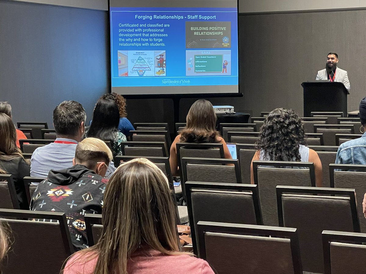 L44095642's tweet photo. Always a pleasure collaborating with fellow #SchoolSocialWorkers and talking best practices while showing the work in action. Thanks to #PBISCA22 for the platform &amp; @TheBeardedSSW &amp; our very own Jeff Coggan from @KCSOS for the teamwork! 👏🏼 #WholeChild #SEL #MentalHealth #PBIS https://t.co/F7cESp69lD