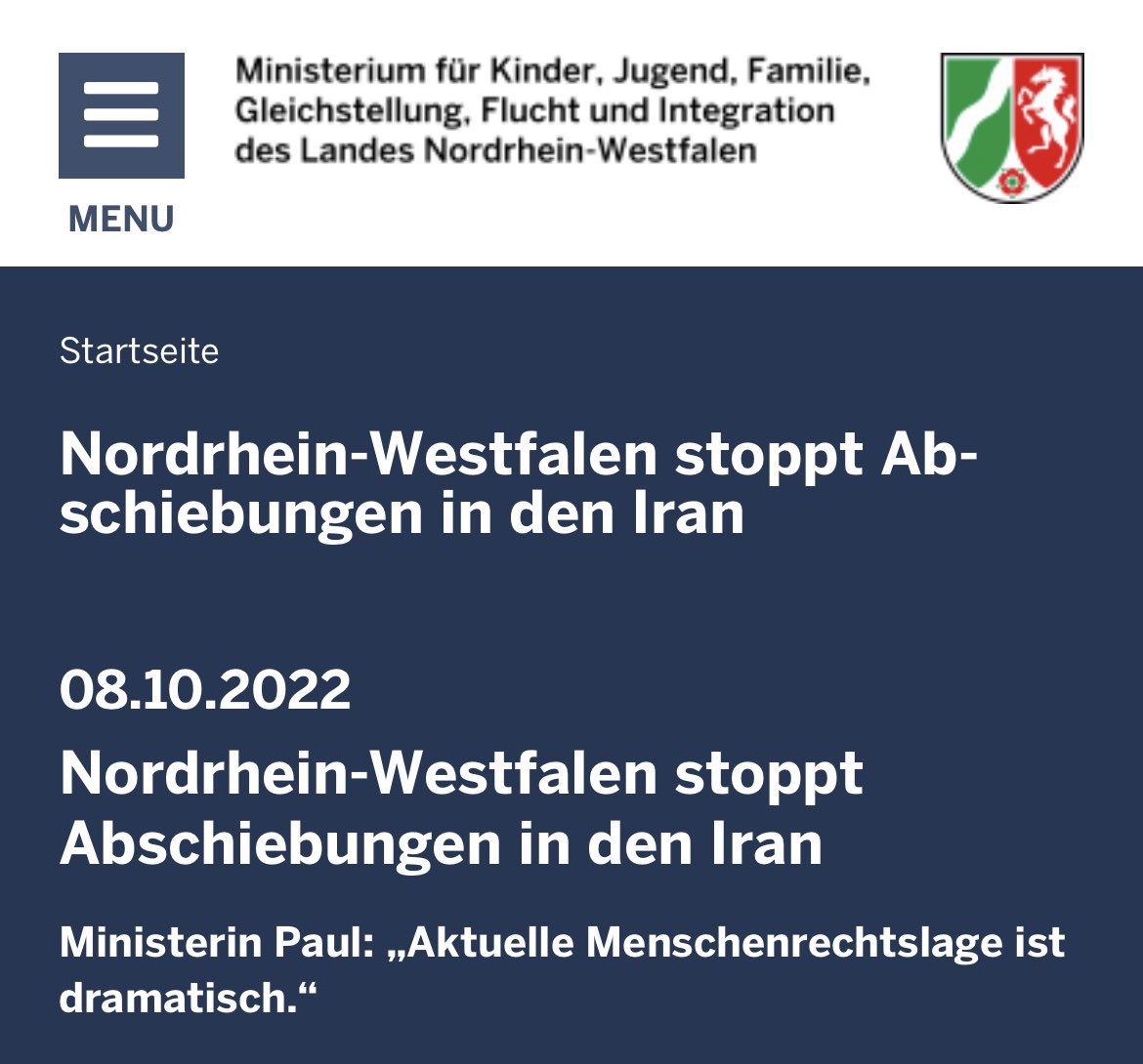 Berîvan Aymaz (@berivan_aymaz) on Twitter photo #NRW stoppt Abschiebungen in den Iran! Angesichts der verheerenden Menschenrechtslage ist das genau die richtige Entscheidung und auch ein starkes Zeichen der Solidarität und humanitären Verantwortung - Danke! 
#JinJiyanAzadi #JinaMahsaAmini #IranProtests #Abschiebestopp #NRW stoppt Abschiebungen in den Iran! Angesichts der verheerenden Menschenrechtslage ist das genau die richtige Entscheidung und auch ein starkes Zeichen der Solidarität und humanitären Verantwortung - Danke! 
#JinJiyanAzadi #JinaMahsaAmini #IranProtests #Abschiebestopp