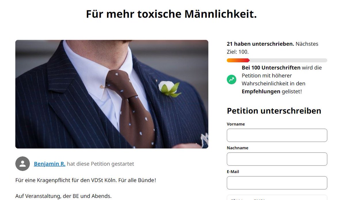 korpokritik's tweet photo. Für die einen ist toxische Männlichkeit eine Analyse vor Ursachen für #Sexismus bis hin zu Femiziden. Für die anderen ist es offenbar ein Witz. Der #VDSt in #Köln (#VVDSt) initiierte offenbar eine Petition „Für mehr toxische Männlichkeit.“ https://t.co/t0WpUpY58x