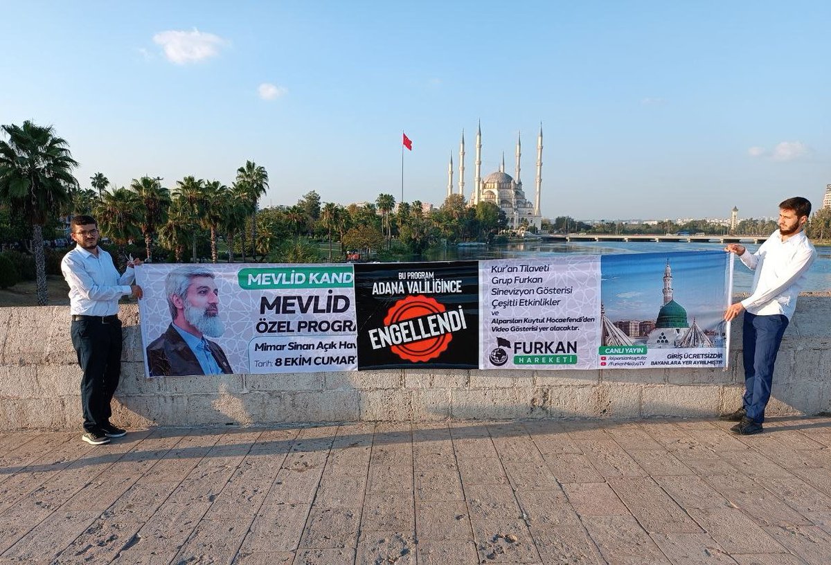 MedyaFurkan's tweet photo. Furkan Hareketi, Adana Valiliğinin İptaline Karşı Meydanda! 

Furkan Hareketi mensupları, normal şartlarda bu akşam Mimar Sinan'da gerçekleştireceği Mevlid Kandili programının Adana Valiliği tarafından gerekçesiz engellenmesini her yerde duyuruyor!

AdanaValiliğinden MevlideEngel https://t.co/VRXzeSKSlp