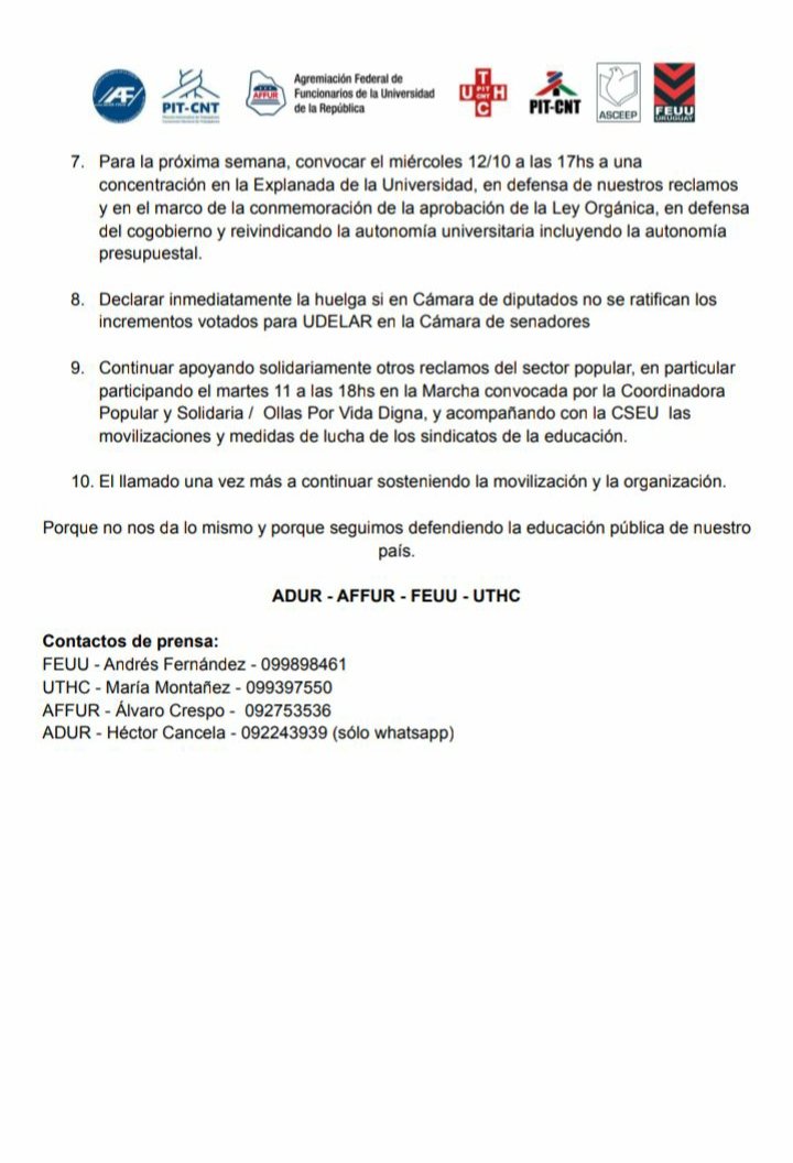 🚨AHORA: Intergremial universitaria anuncia:
👉Levantamiento de la huelga
👉Continuidad del conflicto en una nueva etapa que irá comunicando plan de movilización y cronograma de actividades
👉Concentración 12-Oct 17hs en explanada de Udelar en defensa del cogobierno y autonomía