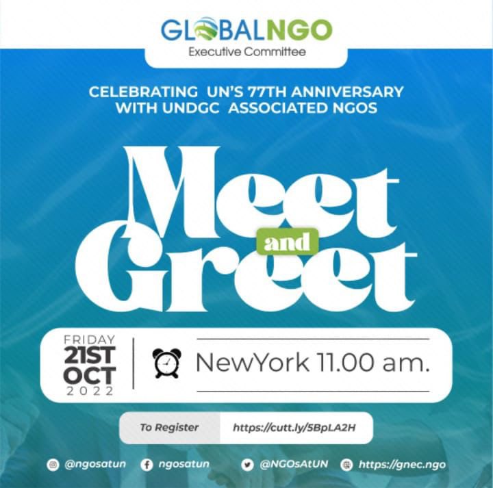 way_hq's tweet photo. The Global NGO Executive Committee invites you to join the virtual event ’Meet and Greet’ on 21 October 2022 @11.00 am (EStT)! Learn more about the committee and it’s work! Register today! - https://t.co/htFCrcJAmA. #sustainable #NGO #UN #global #GNEC @NGOsAtUN @Ediola_P https://t.co/ZEJb5qhsaY