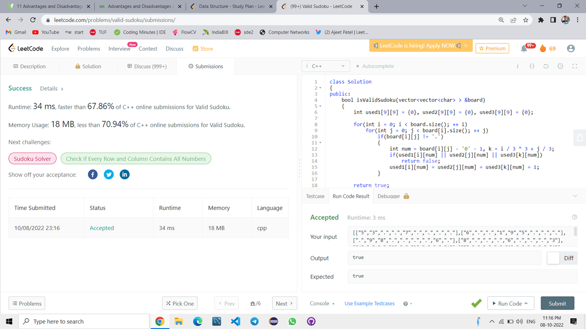 mpathak382's tweet photo. Completed Day 100 of the 100 Days of Code Program by @CodeinCommunity Supported by @MinutesCoding

Today I solved Valid sudoku on Leetcode.
code: https://t.co/di25jOjZ3b
Discord-https://t.co/DXwhp7DRyT

#100daysofcodechallenge #codeincommunity  #codein100daysofcode #100DaysOfCode https://t.co/FfnvlunBpJ