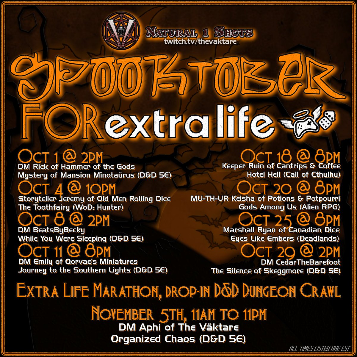 aphi_the_dm's tweet photo. Another Spooktober for @ExtraLife4Kids kicks off right now at https://t.co/jhHQPJyTGj. Join DM Becky as they lead us into a waking nightmare with their While You Were Sleeping horror story. #dnd #roleplay #ttrpg #dice #horror #nightterror #spooktober #ExtraLife #guestDM https://t.co/zsPlJarn2c