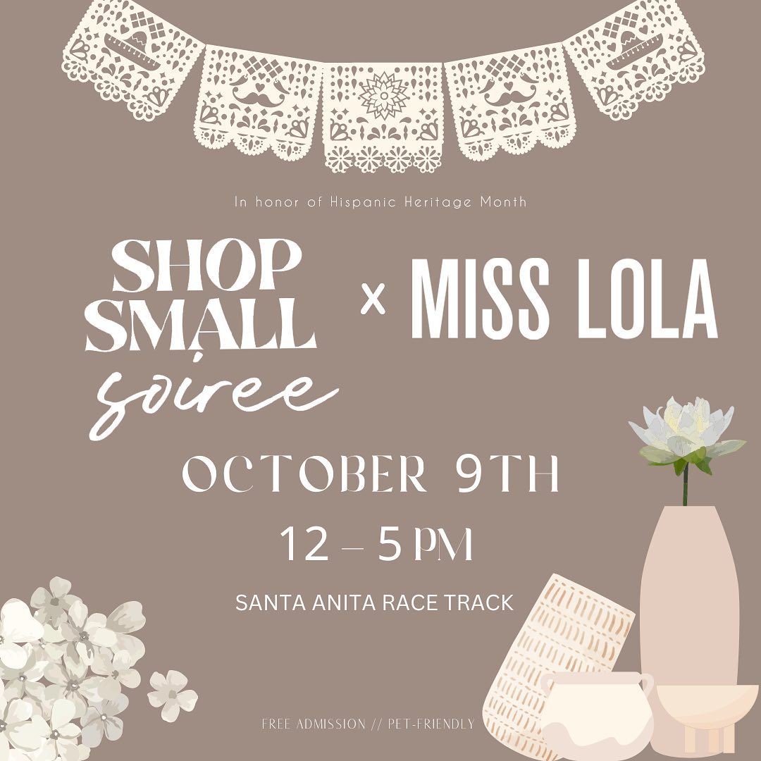 Celebrating #HispanicHeritageMonth TOMORROW October 9th from 12pm-5pm at the @ShopSmallSoiree!🎉 Join us at the Santa Anita Race Track in Arcadia, CA!🐎 You're more than welcome to bring your mejor amigos too!🐶🐾 All of our products will be available for purchase. 🗣C�