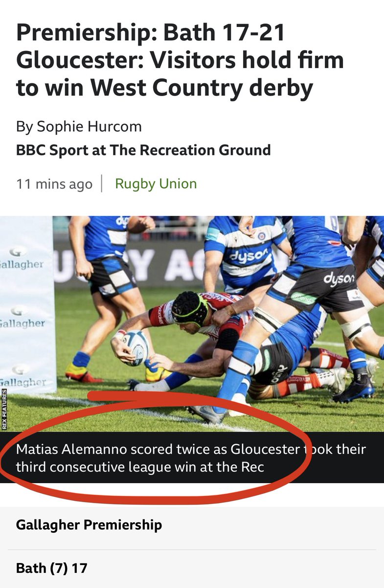 ⁦<a href="/bbcrugbyunion/">BBC Rugby Union</a>⁩ ⁦<a href="/gloucesterrugby/">Gloucester Rugby 🍒</a>⁩
Wrong Argentinian BBC. 
Alemanno did score… but Santi Socino scored twice.