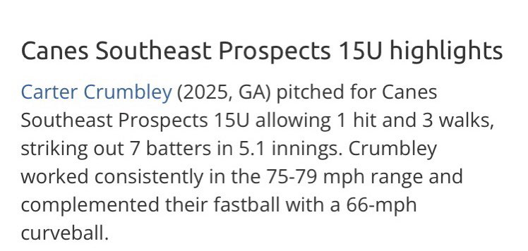carter crumbley (@cartercrumbley) on Twitter photo not a bad outing this weekend had a not hitter till the 6th.#tarpsoff
<a href="/CanesBaseball22/">Hunter Spencer</a> <a href="/CanesBaseball/">Miami Hurricanes Baseball</a> <a href="/canessoutheast/">Canes Southeast</a> not a bad outing this weekend had a not hitter till the 6th.#tarpsoff
<a href="/CanesBaseball22/">Hunter Spencer</a> <a href="/CanesBaseball/">Miami Hurricanes Baseball</a> <a href="/canessoutheast/">Canes Southeast</a>