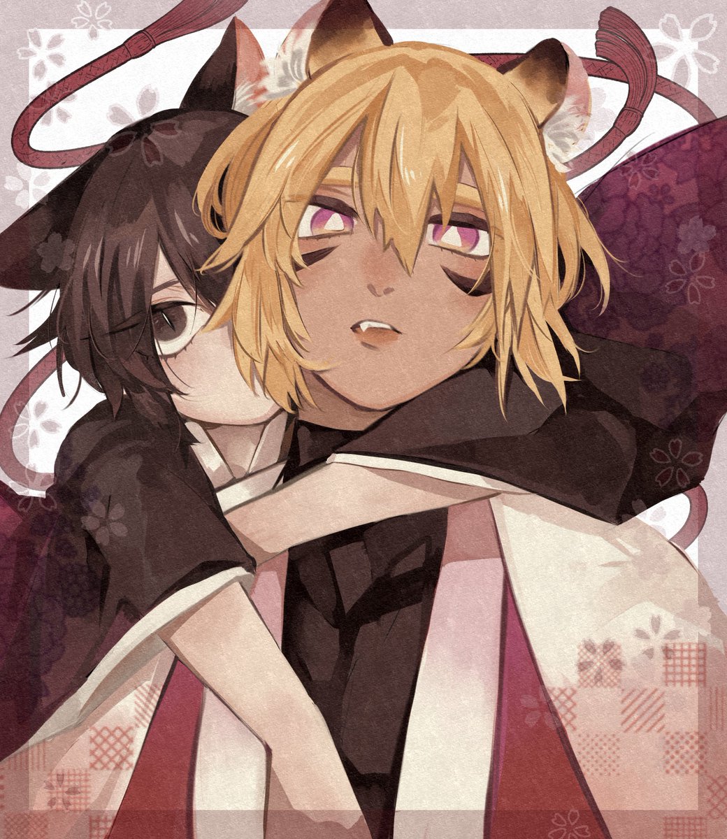 animal ears blonde hair 2boys multiple boys dark skin hug japanese clothes  illustration images