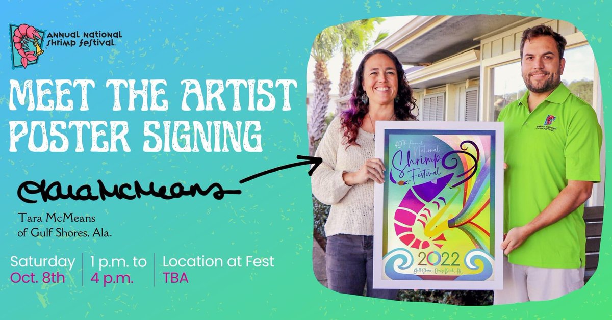 Our 2022 poster artist Tara McMeans is now signing!

Look for our big pink merchandise tent near the Hwy 59 and Beach Blvd intersection.