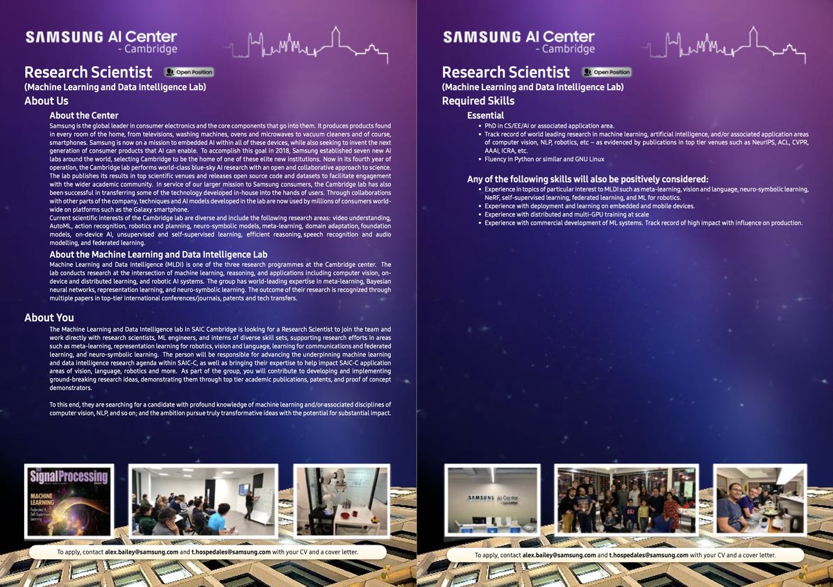 My Lab at Samsung AI Research Cambridge is #hiring research scientist and ML research engineer positions. Skilled in meta-learning, neuro-symbolic, foundation models, vision and language, robot learning, on-device learning? Apply online sec.wd3.myworkdayjobs.com/Samsung_Careers
#MachineLearning