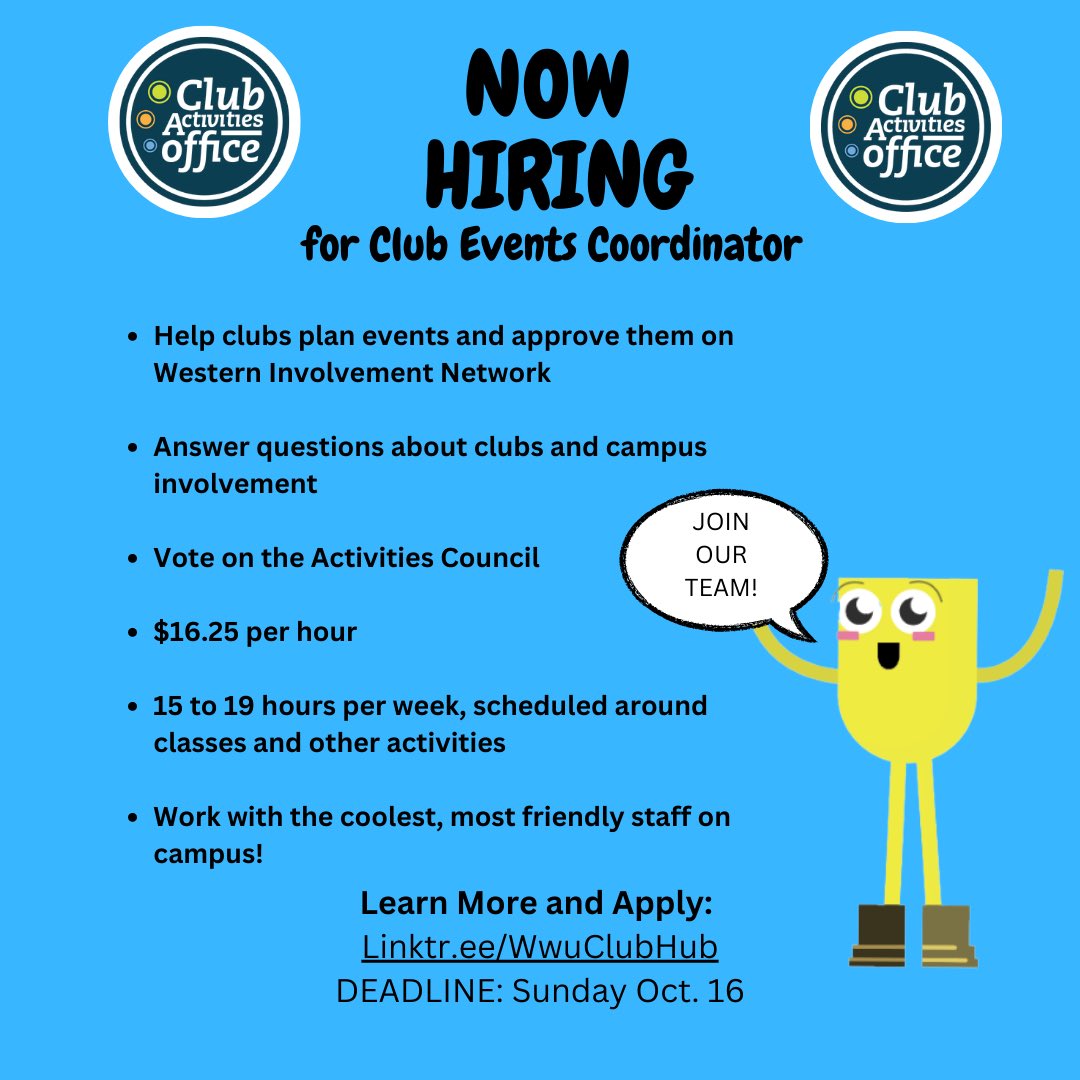 AS_ClubHub's tweet photo. Are you looking for part time work on campus with great pay, flexible hours, and applicable experience? 

We are now taking applications for a Club Events Coordinator.

Learn more and apply here: 

https://t.co/6VTIt6Pfoi

Act fast! The application closes on Sunday Oct. 16. https://t.co/fiZoU9cmZL