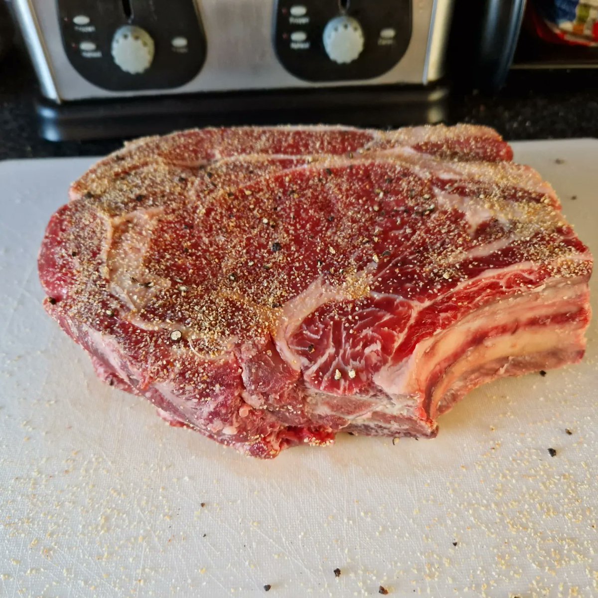 shutawaydad2's tweet photo. Both me and my son watch @beardmeatsfood religiously so he challenged me to eat in his words a "beard" sized steak AKA a rib of beef in 30 mins. I cooked it med/rare just a simple S.P.G seasoning but thought sod it and added cheese. 22mins 51seconds after plating I can't move https://t.co/uOaeMOvWXb