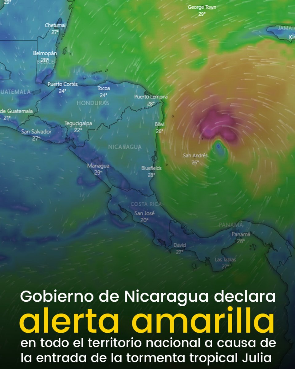 El Gobierno de 🇳🇮 Nicaragua ha declarado Alerta Amarilla en todo el territorio nacional, ante la llegada de la Tormenta Tropical Julia.