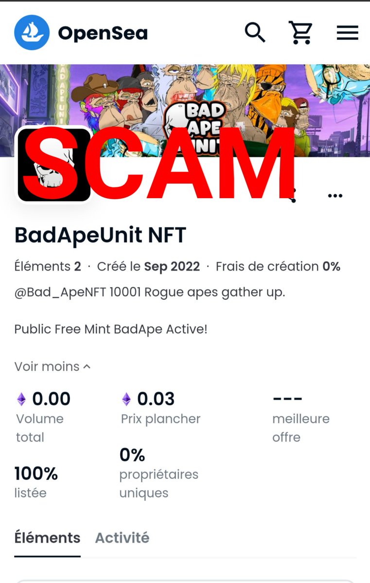 badapeunit's tweet photo. ❌Badapeunit(.xyz) is a scam be careful !
✅Website:https://t.co/DlzntenJgf
❌Bad_apeNft or any BadApe id is a scam, anything else is a scam
✅ @badapeunit created by @saiyleon
❌BadApeUnit don't use discord.
✅Any discord server is not relate to us !
#BadApe #BadApeUnit #Bau https://t.co/glIEK4mxvy