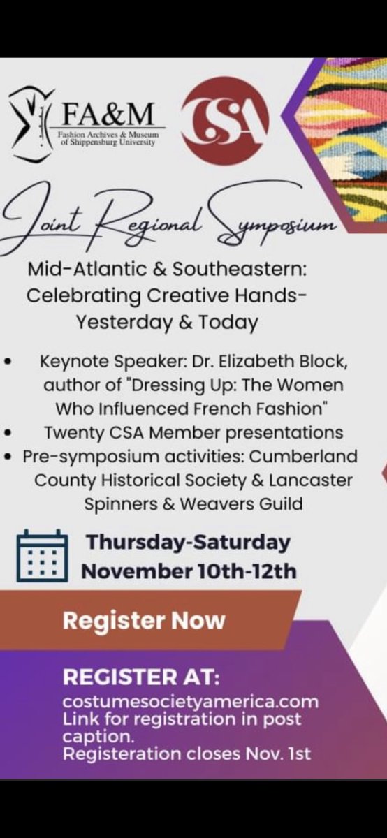 Keynote time! Join me for the Costume Society of America symposium on Nov. 10-12 in Shippensburg, PA. Register by Nov. 1. Link in comments ⬇️⬇️