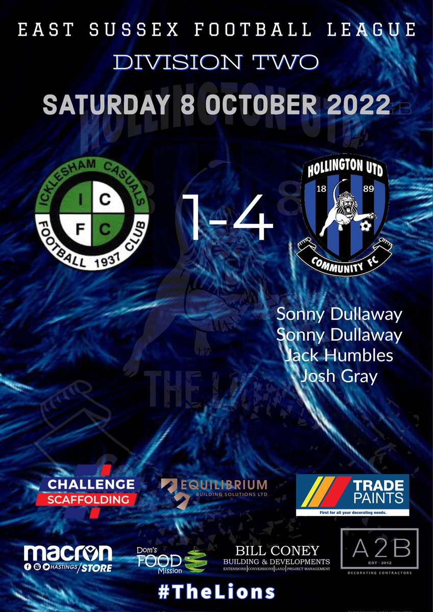 Win on the road , The lions saw the introduction of Alan Foster &amp; Jack Buckley. Clinical goals from sonny dullaway, pin point header from Jack humbles and a impact goal from Josh Gray saw us bring home all 3 points. 

Sitting Joint Top Of Div Two 

#TheLions 🦁⚽