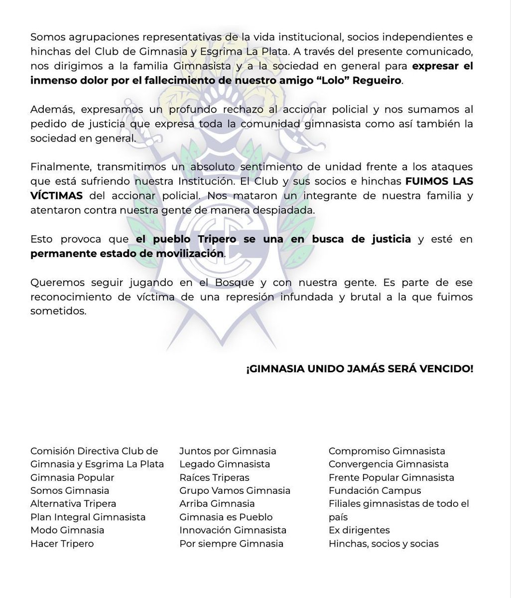 #CGE #GELP Todo el arco político del club unido en el dolor por la muerte de Lolo Regueiro y el rechazo al accionar policial. Gimnasia pide justicia.