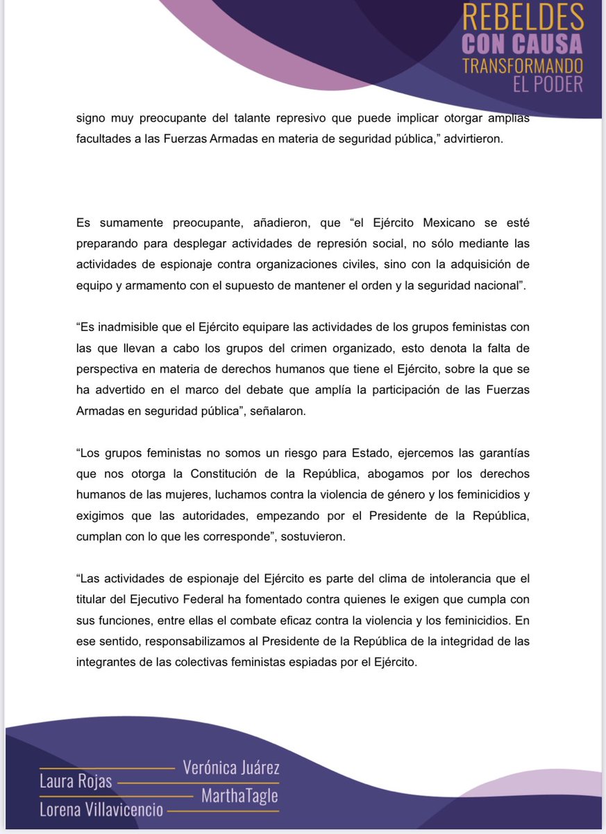 Nos solidarizamos con grupos feministas espiados por el Ejército y responsabilizamos al Presidente de la República, <a href="/lopezobrador_/">Andrés Manuel</a>, como jefe de las FFAA, de la integridad de quienes forman parte de los colectivos que han sido espiados. #NoALaMilitarizacion #GuacamayaLeaks