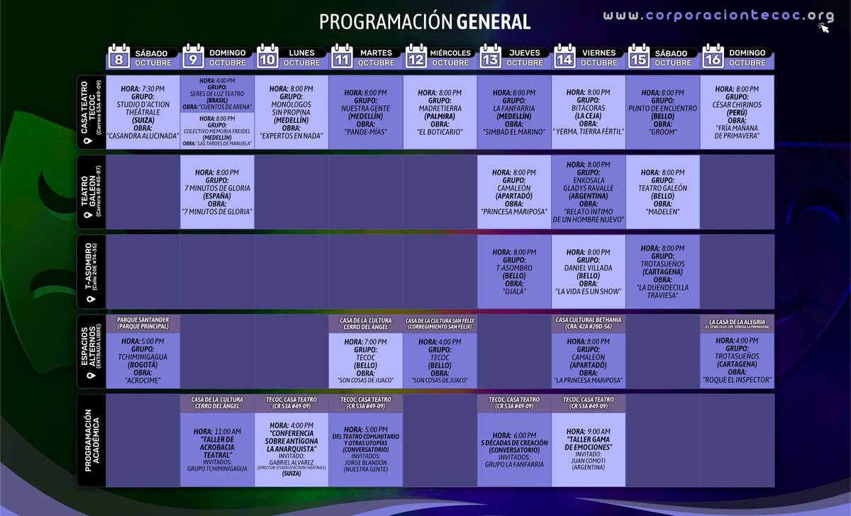Conoce nuestra programación completa del XVI Festival El Teatro se Toma a Bello, ¡que empieza hoy!

Invitados de Suiza, España, Perú, Brasil, Argentina y por supuesto, Colombia.

Apoyan: <a href="/Comfama/">Comfama</a> <a href="/cotrafasocial/">Cotrafa Social</a> <a href="/AlcaldiadeBello/">Alcaldía de Bello</a> <a href="/Culturantioquia/">ICPA - Instituto de Cultura y Patrimonio Antioquia</a> <a href="/mincultura/">MinCultura Colombia</a>