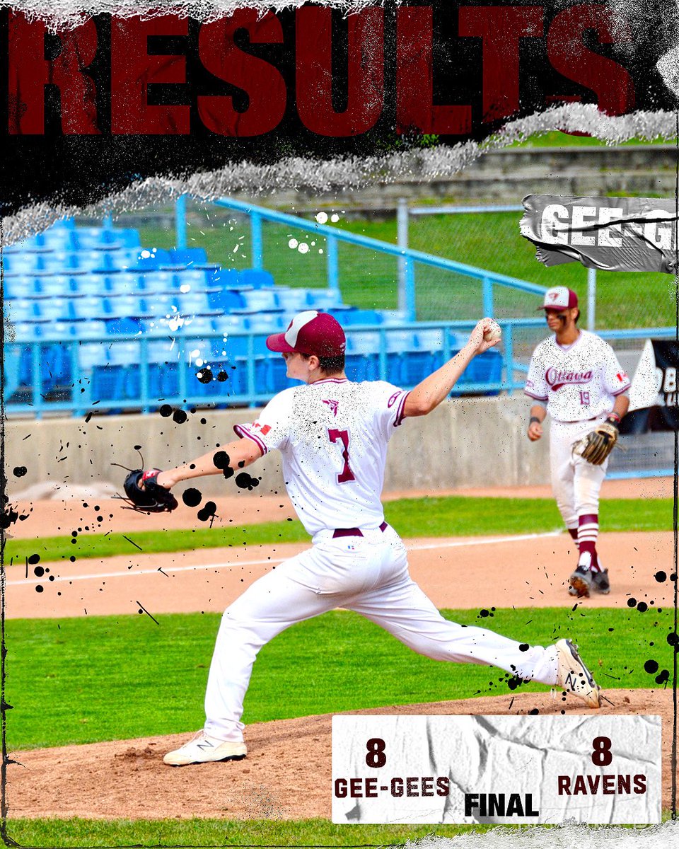 Gee-Gees comeback from a 6-1 deficit, to tie Carleton 8-8. 

Whiteway-Willard with a big RBI triple and a Ghosh sac fly to drive in his 4th RBI of the game tied things up in the 9th. 

Game 2 against Queens coming up around 5:30. 

#GGNation | #HorseBaseball 🐴⚾️
