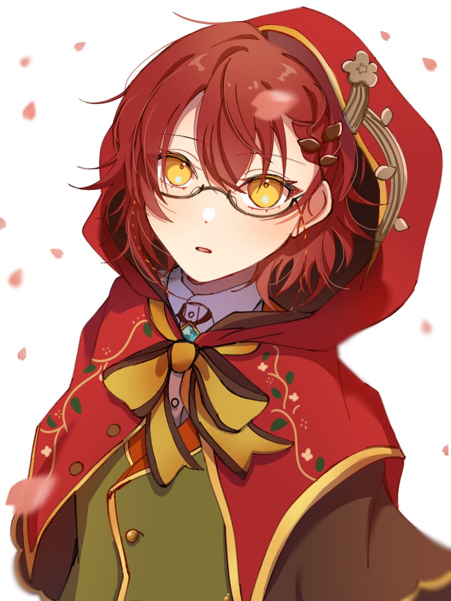 1boy male focus red hair yellow eyes glasses hood solo  illustration images