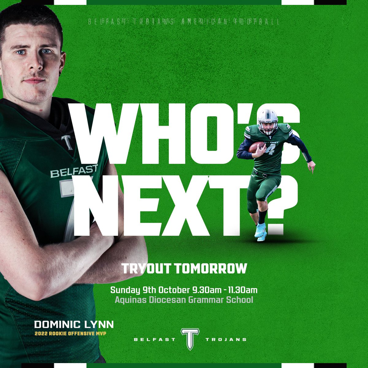BelfastTrojans's tweet photo. Whoโs Next?! ๐๐ช๐โ๏ธ
JOIN THE REVOLUTION TOMORROWโโ๏ธ
โก๏ธ https://t.co/Zd00FMHpTA
#TrojansWill
#rookietryouts
#AmericanFootball
#belfasttrojans https://t.co/ouzbJlsOcG