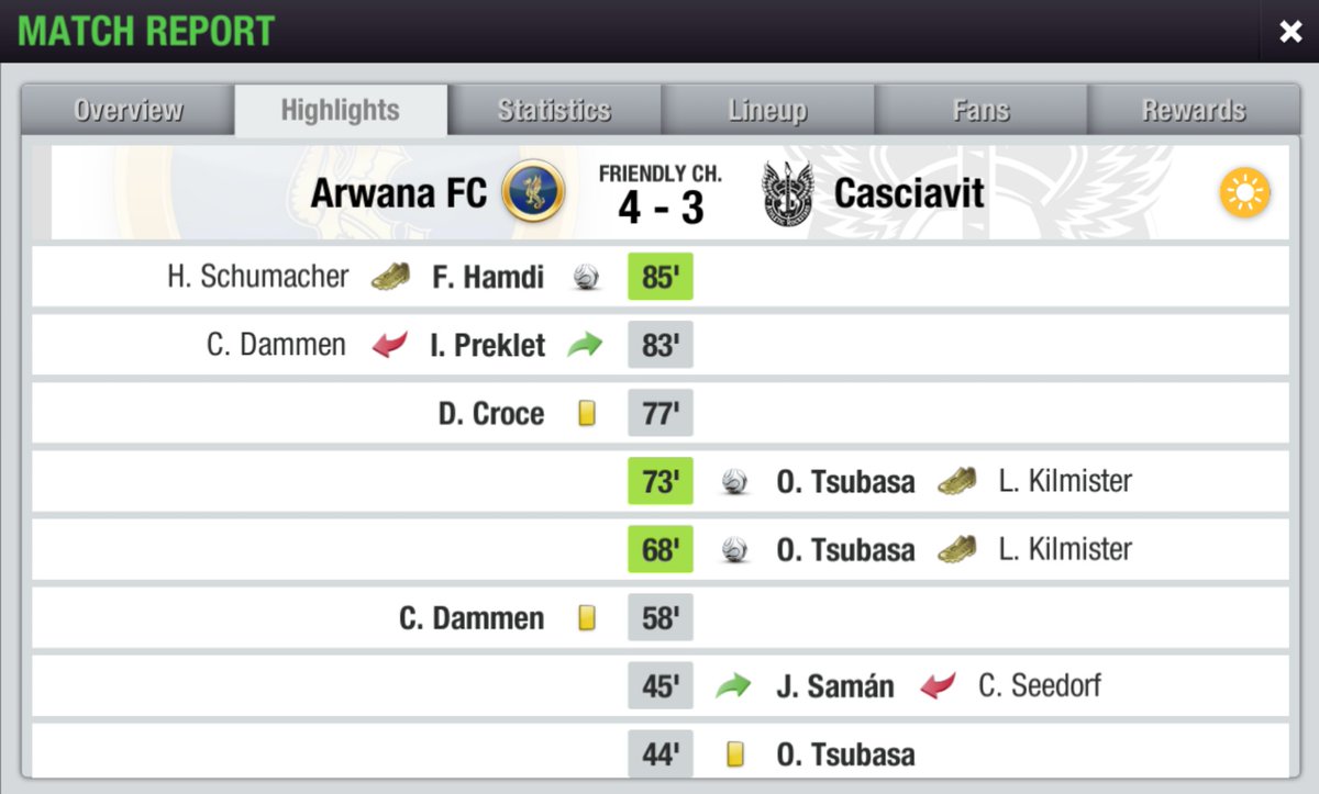 LIGA 1 <a href="/LigaTopEleven/">Liga Top Eleven Indonesia 🇮🇩</a> SEASON 21
Match 2️⃣3️⃣

Arwana FC 4-3 <a href="/Casciavit_TE/">Casciavit</a>
⚽⚽ H. Schumacher 7', 40'
⚽ C. Wagner 12'
⚽ F. Hamdi 85'
-
⚽⚽⚽ O. Tsubasa 22', 68', 73'

Tiga poin penting di laga yang berjalan sengit.

#COYBD
#TopEleven
#LigaTopEleven
#Liga1S21
