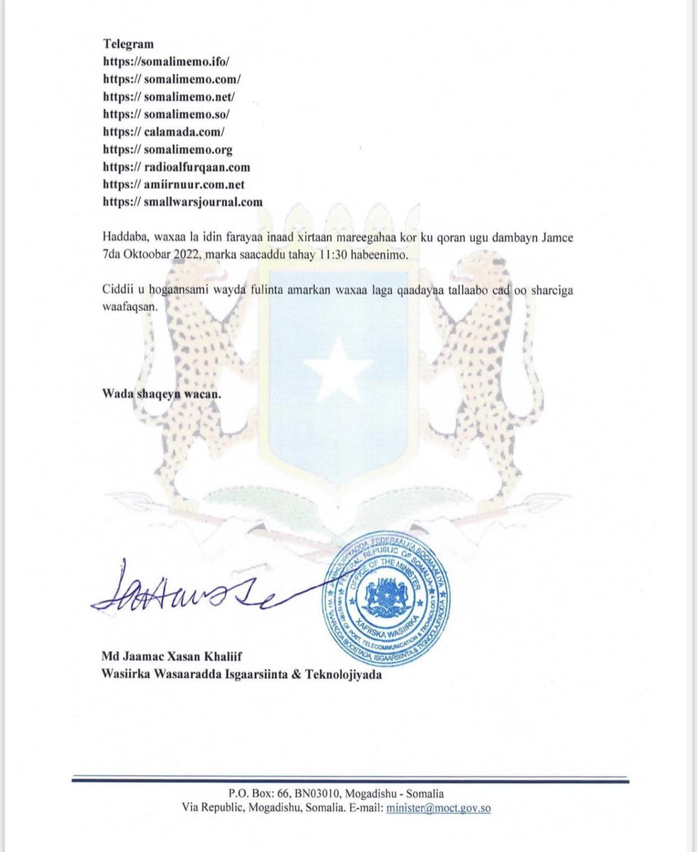 NoorSstv's tweet photo. Dagaalku #Somalia waa ka dhab!
Dowladda #Somalia ayaa gabi ahaanba Hawada ka saartay oo xirtay Barahii Internetka ee Kooxda #Alshabaab oo ay kamid yahiin Website yadii Kooxda ee kala ahaa #Somalimemo, #Radioalfurqaan, #Calamada Iyo #Amiirnuur. https://t.co/F4D0U7u4P9