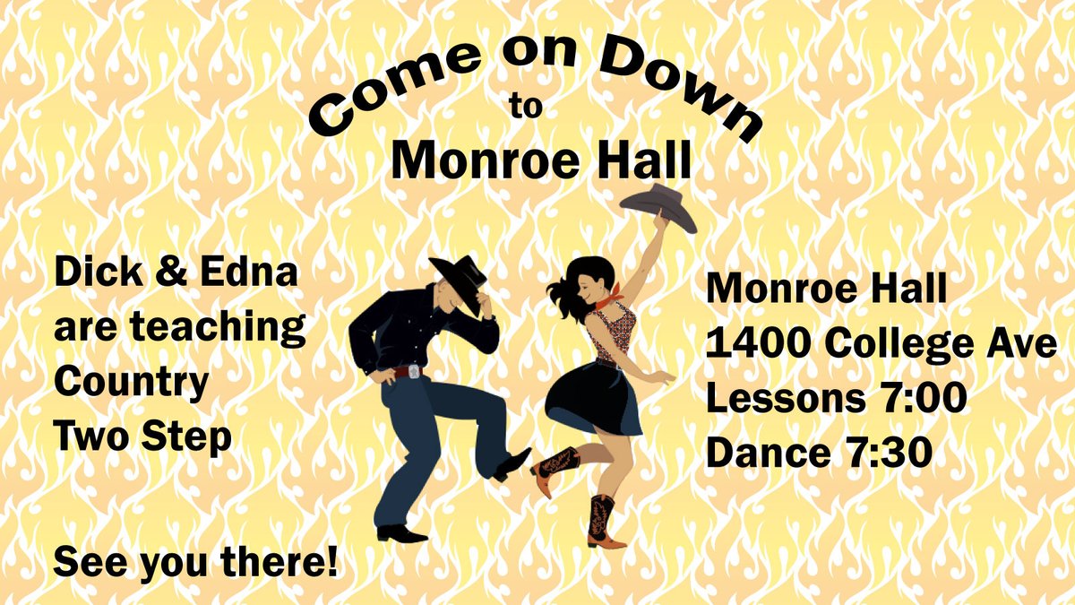 Sunday Night at Monroe Hall in Santa Rosa there is a dance.  The featured dance lesson is Country Two Step.  Dick &amp; I are teaching the Intermediate Country Two Step.  There will be a beginning lesson as well. Lessons 7:00, Dance 7:45. 
#MonroeHall #dancesantarosa #ctwlessons