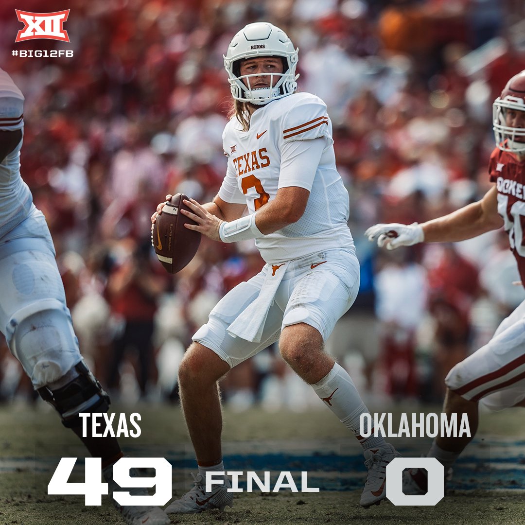 Big12Conference's tweet photo. Final score from Dallas 🏈

Texas improves to 4-2 overall and 2-1 in conference play 

#Big12FB x @TexasFootball https://t.co/SzfX4PumU0